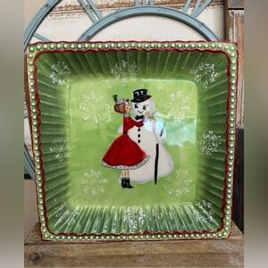 Hausenware Mary Jane Mitchell Snowman Red Square Tray 10” Used ONCE!